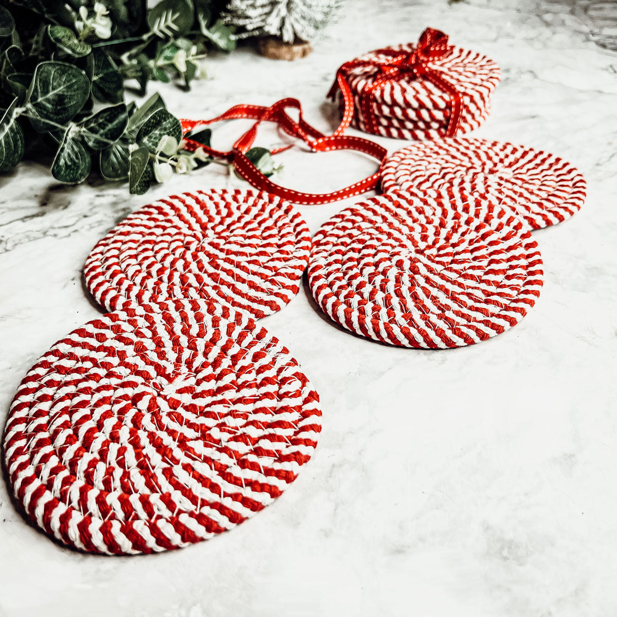 Blue Braided Holiday Coaster Set 4 Pack Candy Cane Stripe Table Protectors Absorbent Drink Mats