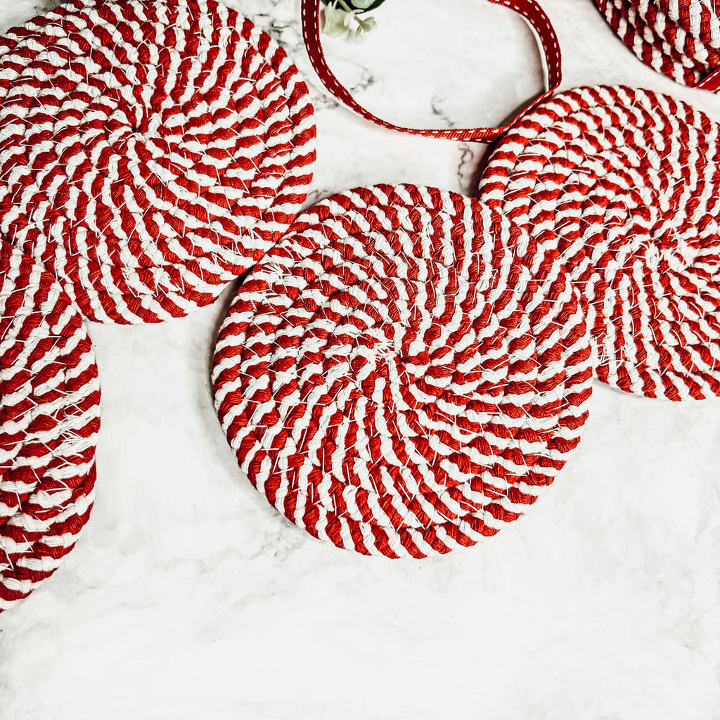 Blue Braided Holiday Coaster Set 4 Pack Candy Cane Stripe Table Protectors Absorbent Drink Mats