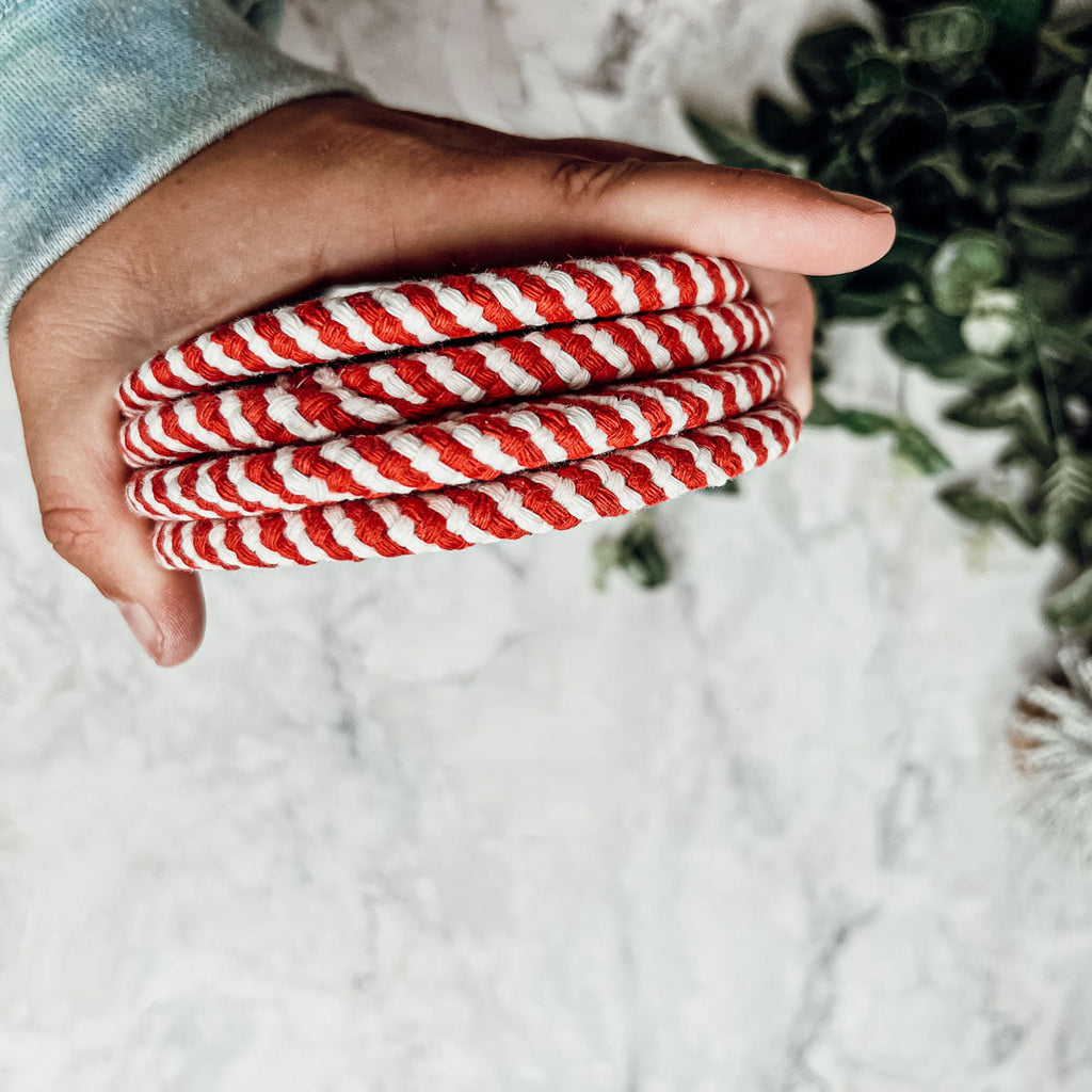 Blue Braided Holiday Coaster Set 4 Pack Candy Cane Stripe Table Protectors Absorbent Drink Mats