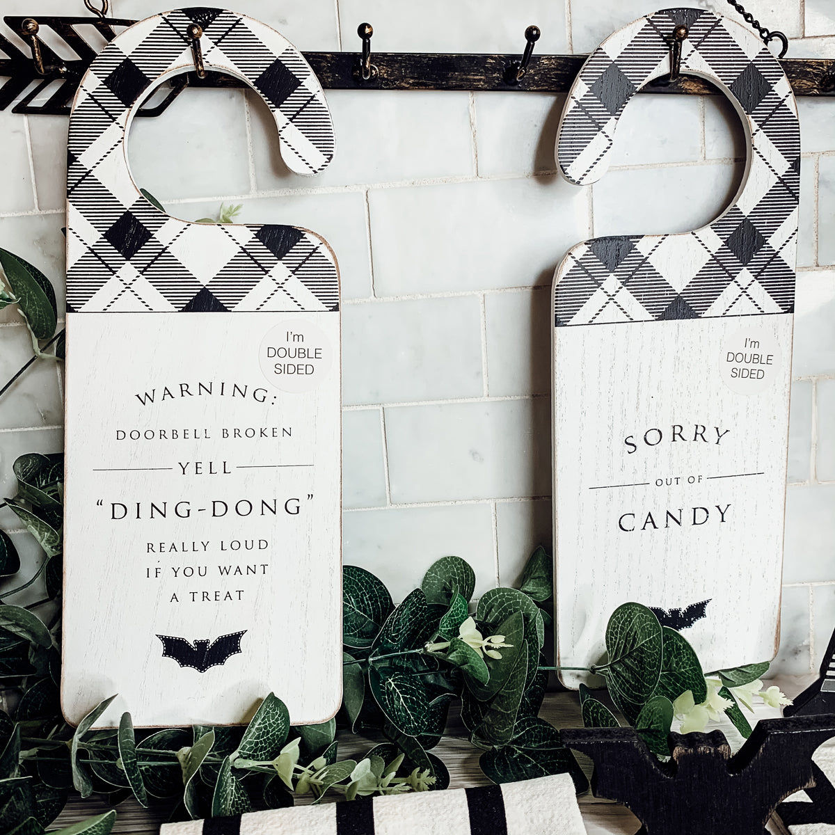 Halloween Double-Sided Door Hanger Spooky Cute Door Knob Sign 5x11.5 Black White