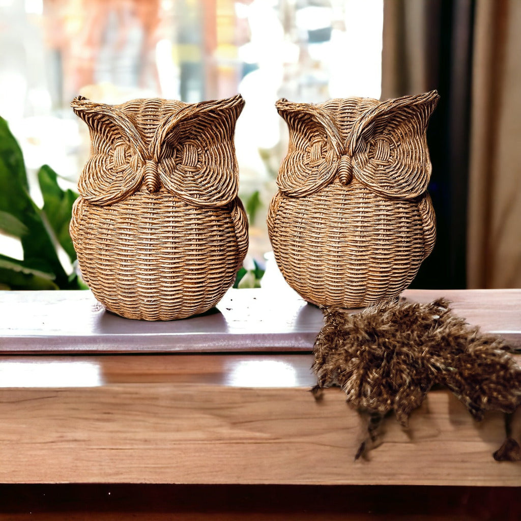 Basket Weave Owl Figurine Resin Rustic Owl Bookend Tabletop Accent Home Decor