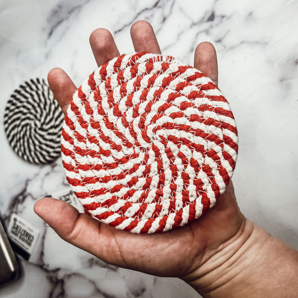 Blue Braided Holiday Coaster Set 4 Pack Candy Cane Stripe Table Protectors Absorbent Drink Mats