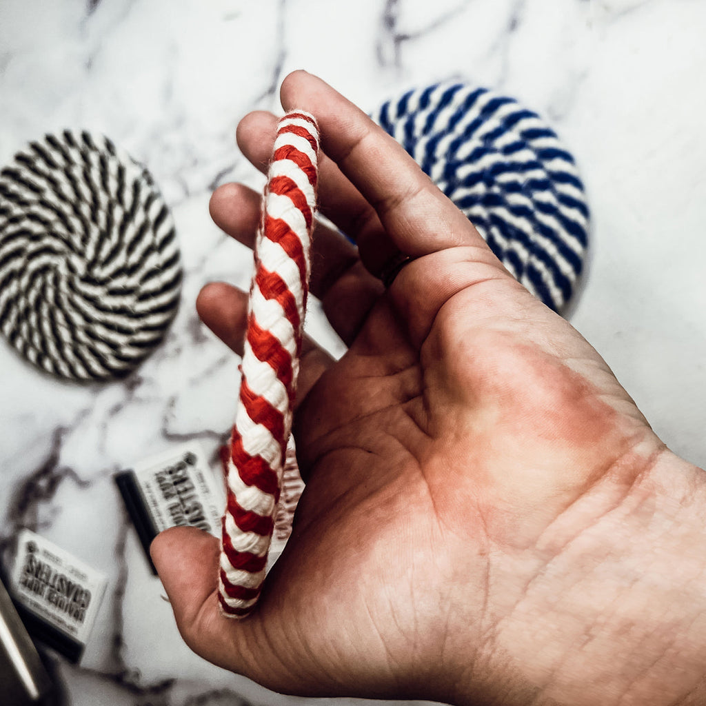 Blue Braided Holiday Coaster Set 4 Pack Candy Cane Stripe Table Protectors Absorbent Drink Mats