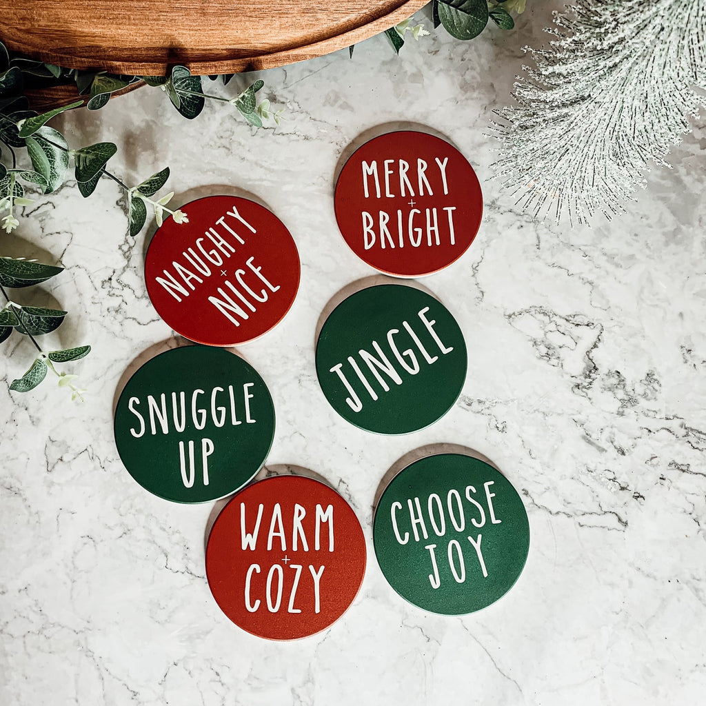 Holiday Ceramic Coaster Set With Cork Back Non Scratch Decorative Display Ready Table Accent