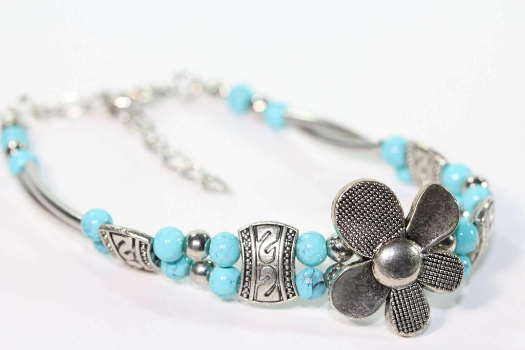 Turquoise Silver Petal Flower Bracelet With Extender