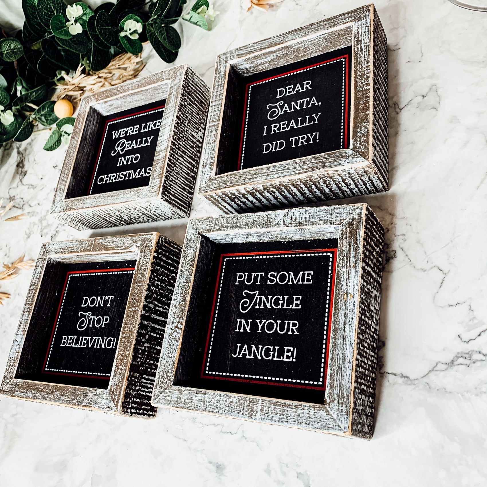 Black Chalkboard Style Wooden Christmas Sign Rustic Framed Holiday Wall Decor Set Of 4