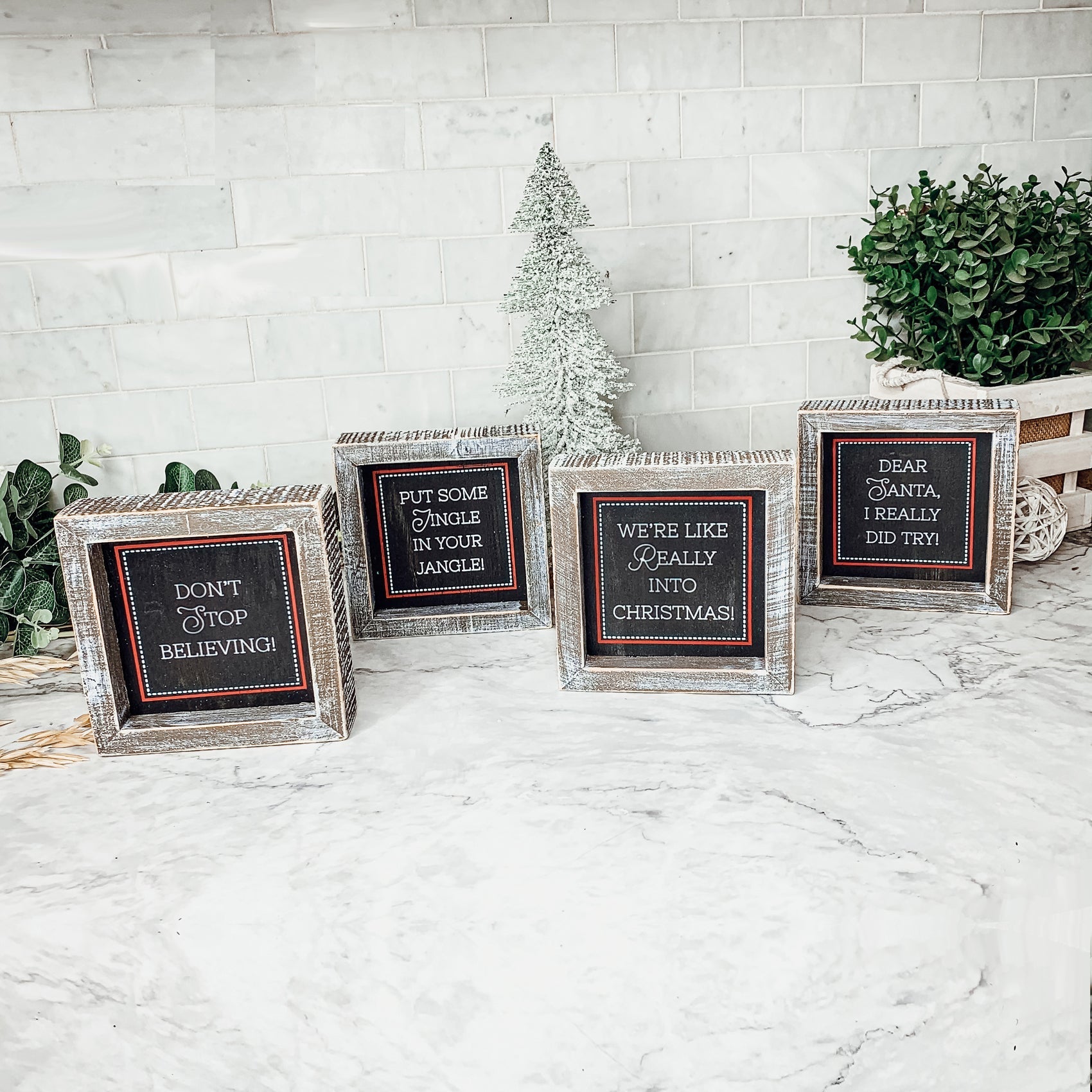 Black Chalkboard Style Wooden Christmas Sign Rustic Framed Holiday Wall Decor Set Of 4