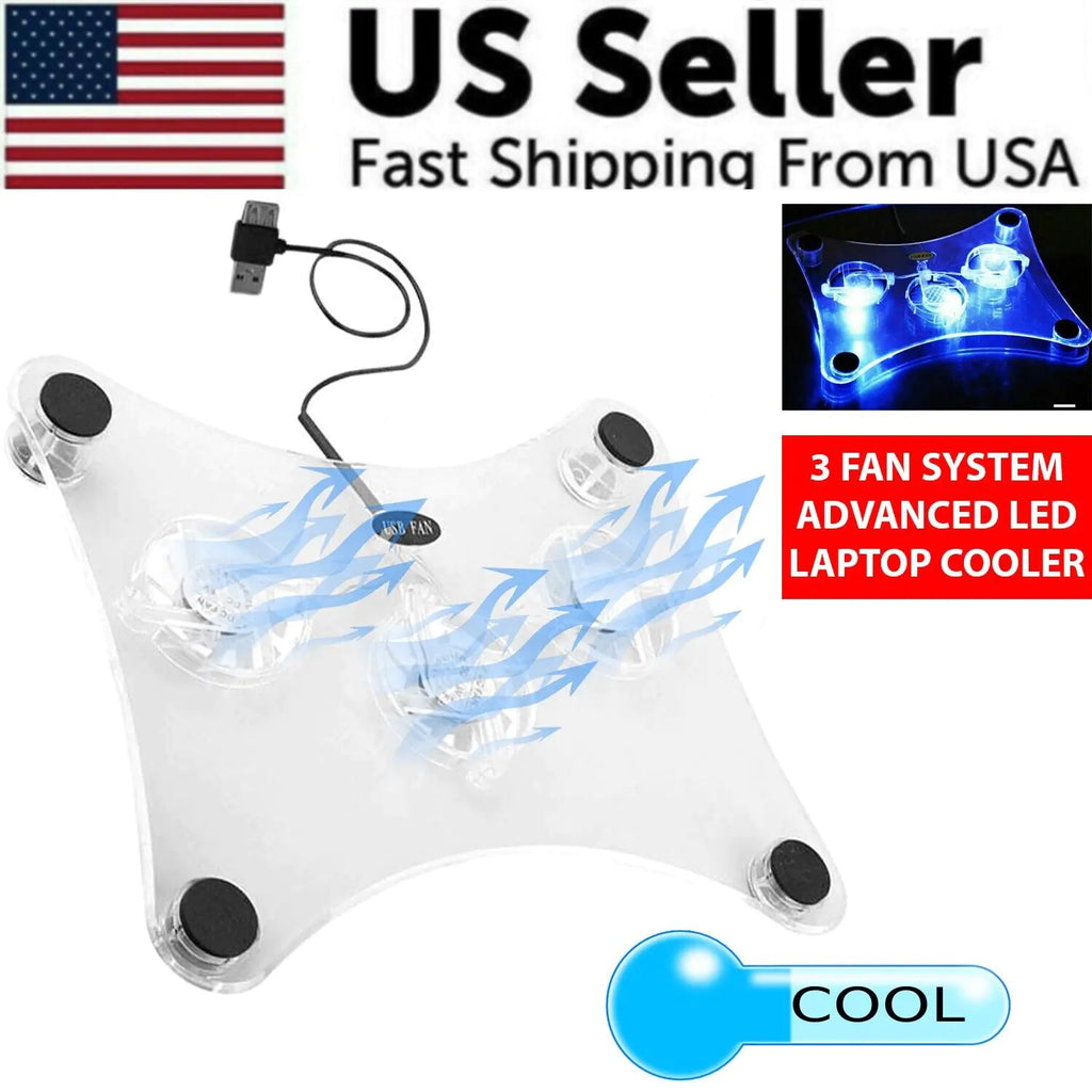3 Fans USB Cooler Cooling Pad Stand LED Light Radiator For Laptop PC Notebook