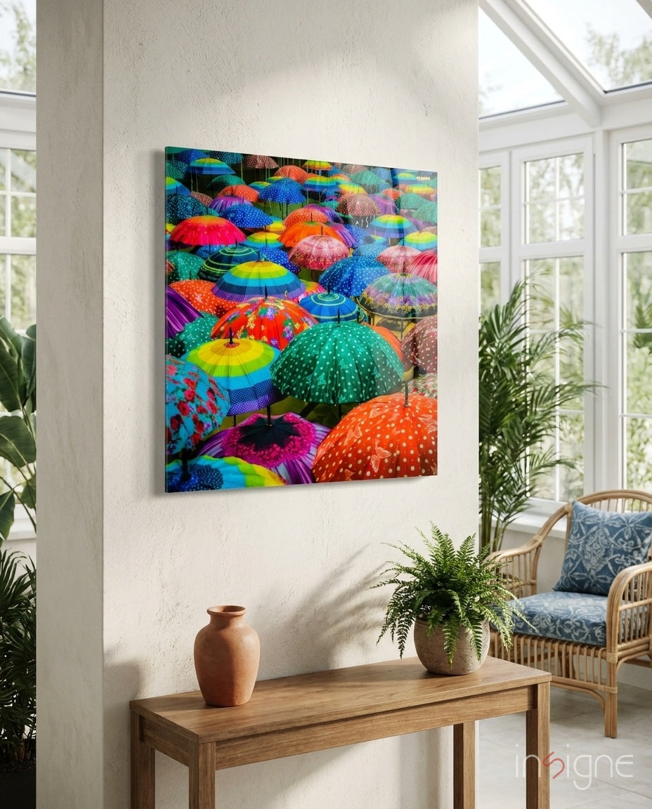 Colorful Umbrellas Glass Wall Art