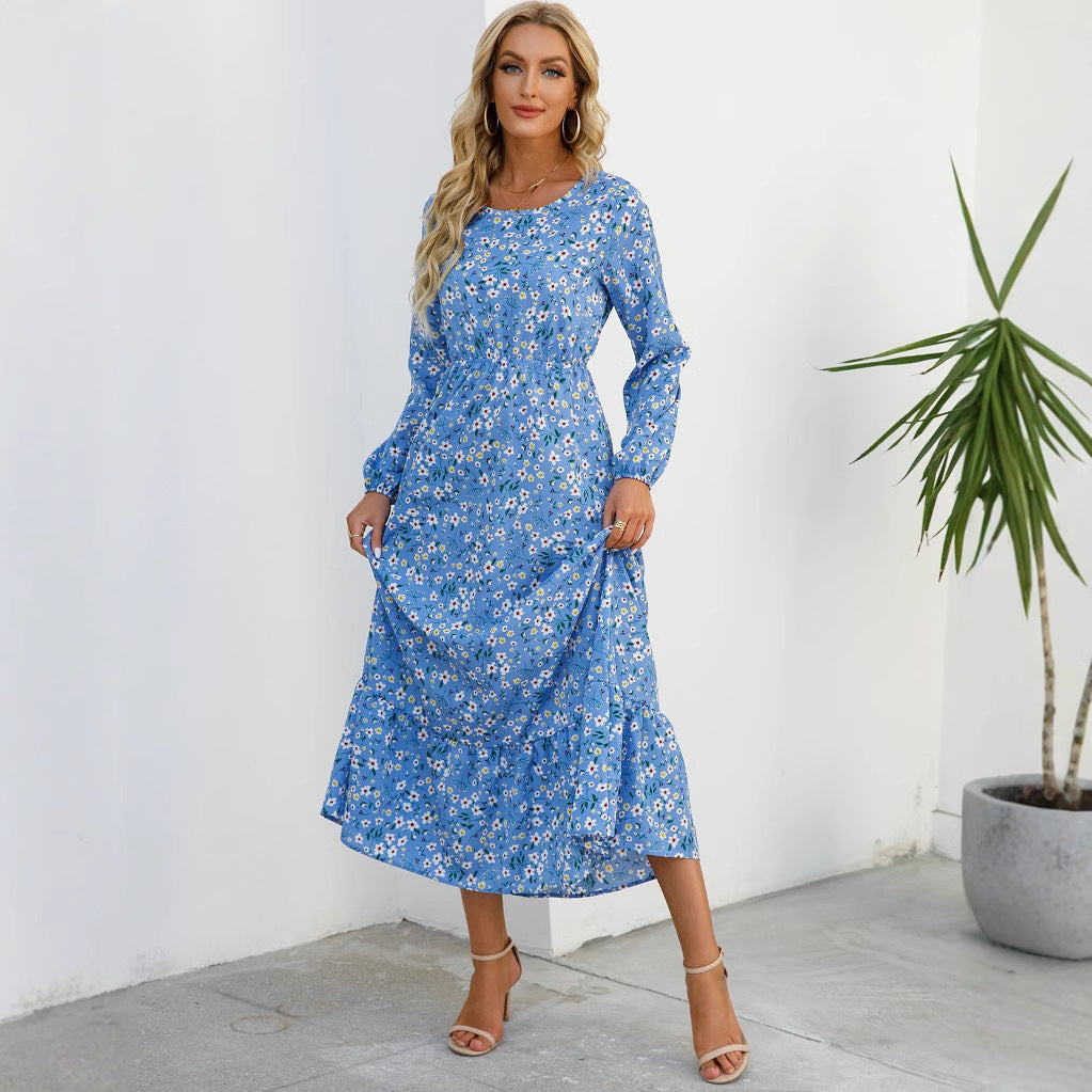 Spring and Autumn floral chiffon dress waist thin long sleeve round neck long printed skirt