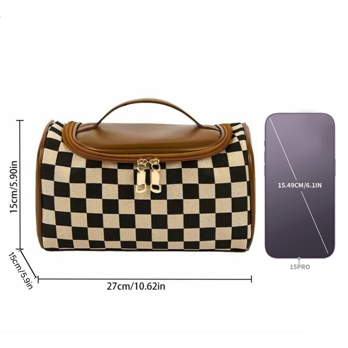 Large portable plaid cosmetic bag, large capacity toilet bag, tote zipper cosmetic storage bag, makeup bag with compartments,