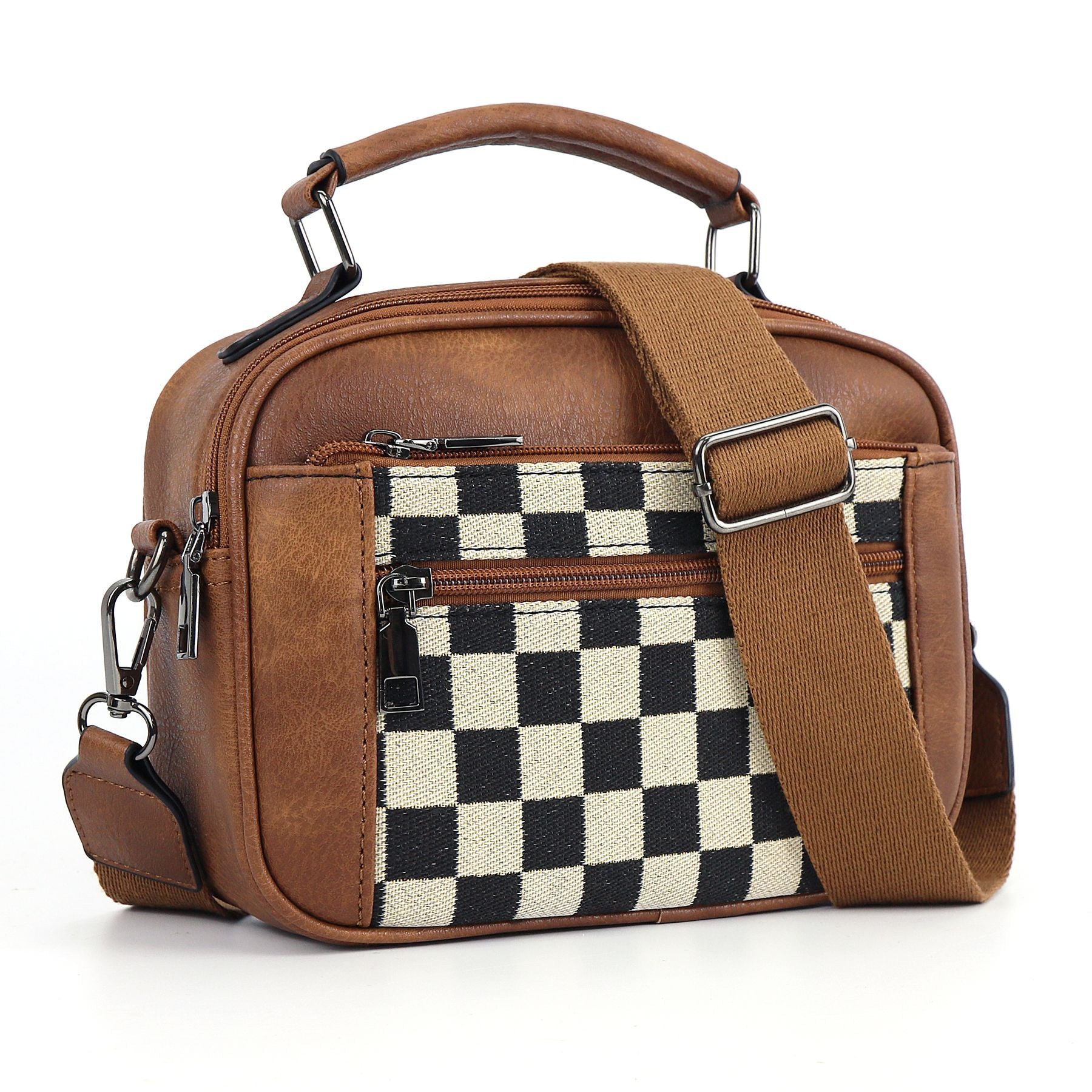 Chessboard double zipper small crossbody bag,Tote small crossbodyPU square bag, Small Crossbody Purse for Women Triple Zip,