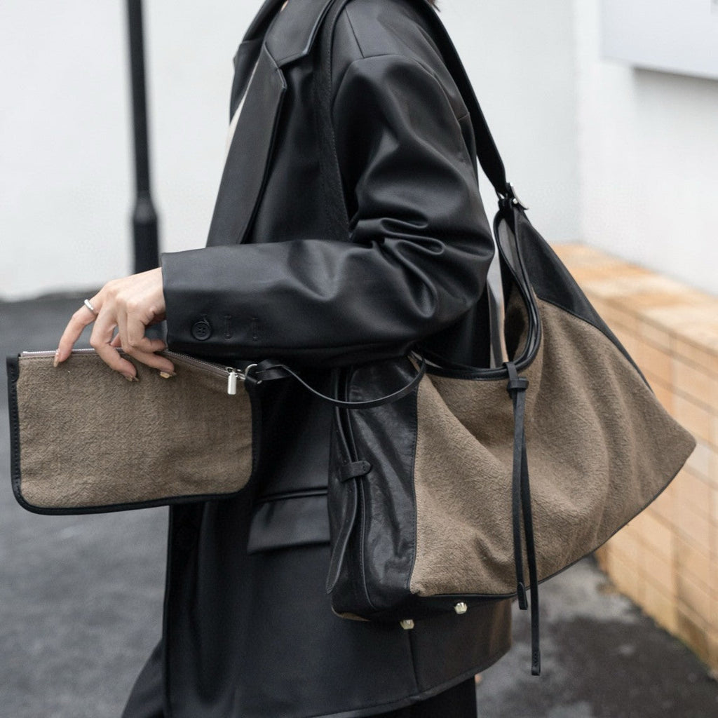 Linen Splicing Vegetable Tanned Cowhide Bag, Large Capacity Casual Bucket Bag, Underarm Shoulder Tote Bag, Hobo Bag for Women