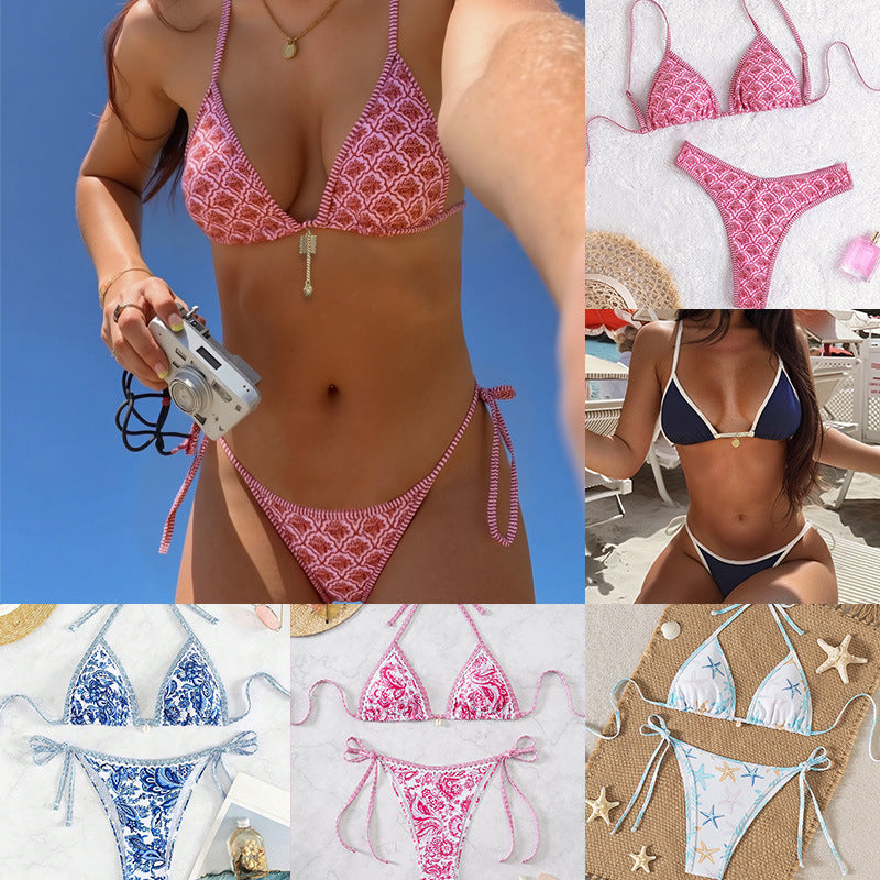 Contrasting Print Strap Sexy Bikini Split Swimsuit Batwing Short Sleeve Shirt W Plants Print