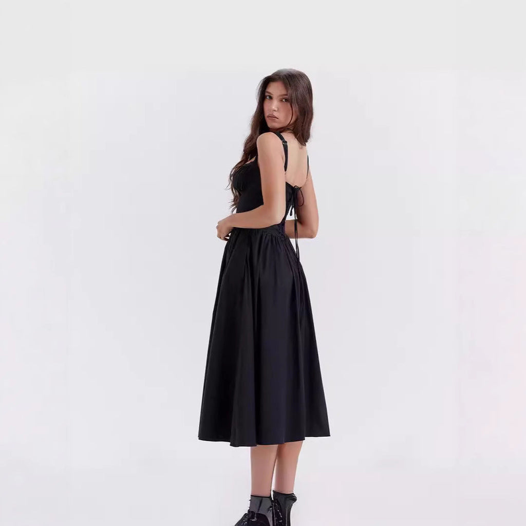 Floral Printed French Lace-Up Halter Dress - Sleeveless Spaghetti Strap Holiday Party Dress with Suspender Detail