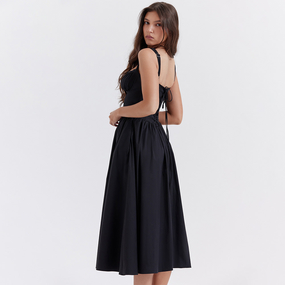 Floral Printed French Lace-Up Halter Dress - Sleeveless Spaghetti Strap Holiday Party Dress with Suspender Detail