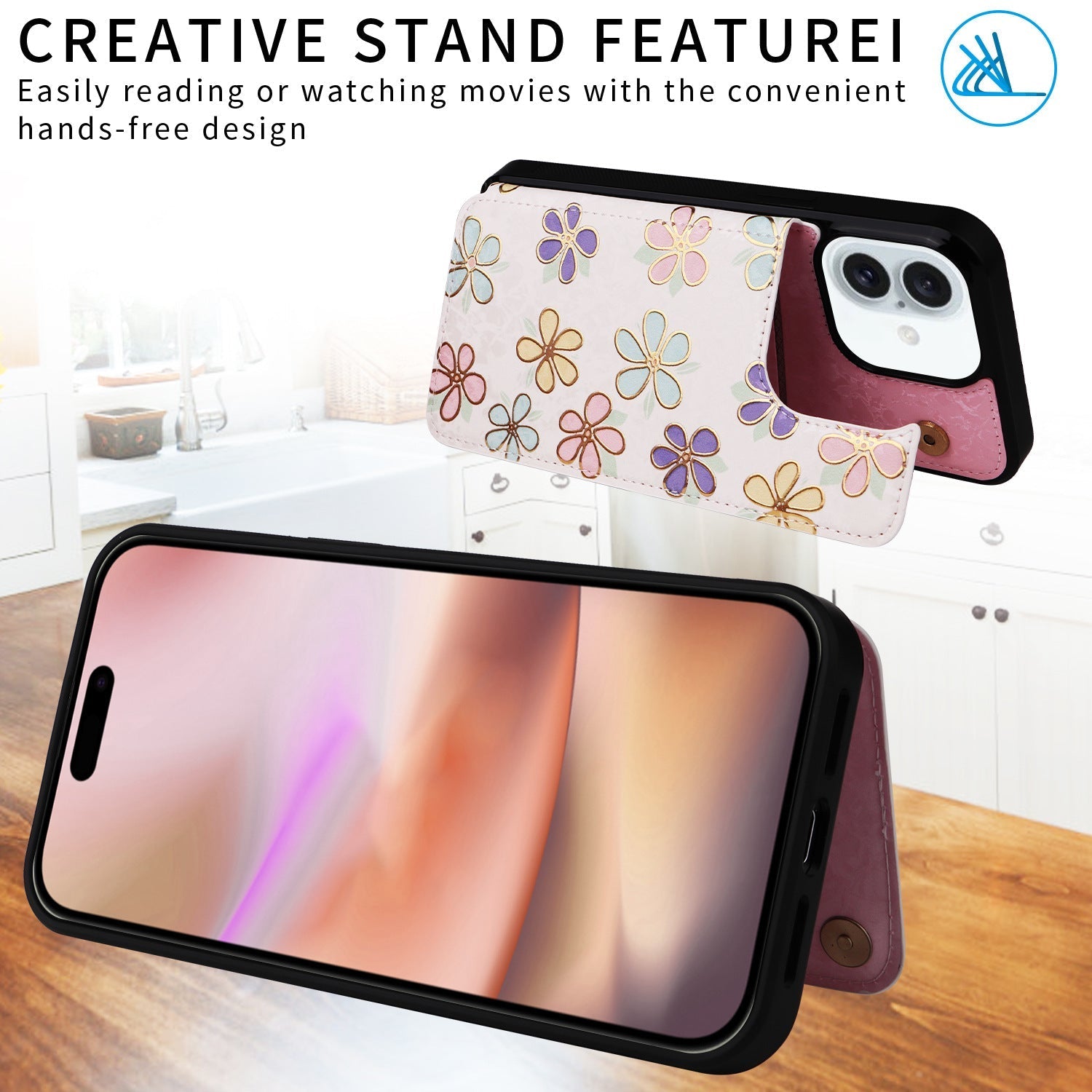 Phone Case Applicable to Apple 16 painted double buckle four-insert card wallet case 16pro max all-inclusive anti-drop case protective cover