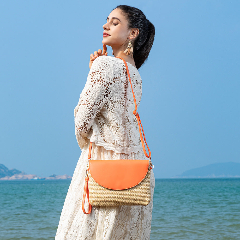 Holiday straw bag, small solid color shoulder bag, small crossbody beach bag, seaside beach bag evening clutch woven bag women