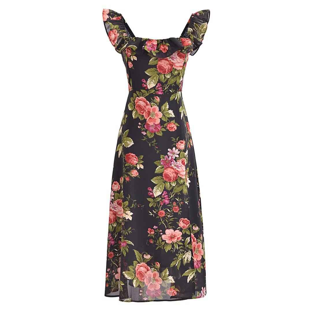 Slim and sexy side split waist mid-length dress, French retro square collar Print Chiffon Dress Bohemian dress