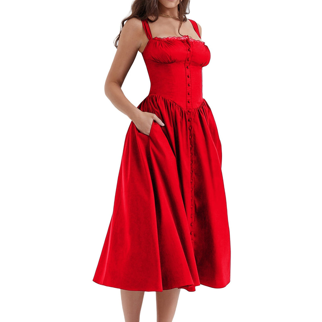 Floral Midi Corset Dress with Square Neck - Women's Smocked Lace-Up Sundress for Wedding Guest & Beach Holiday Parties
