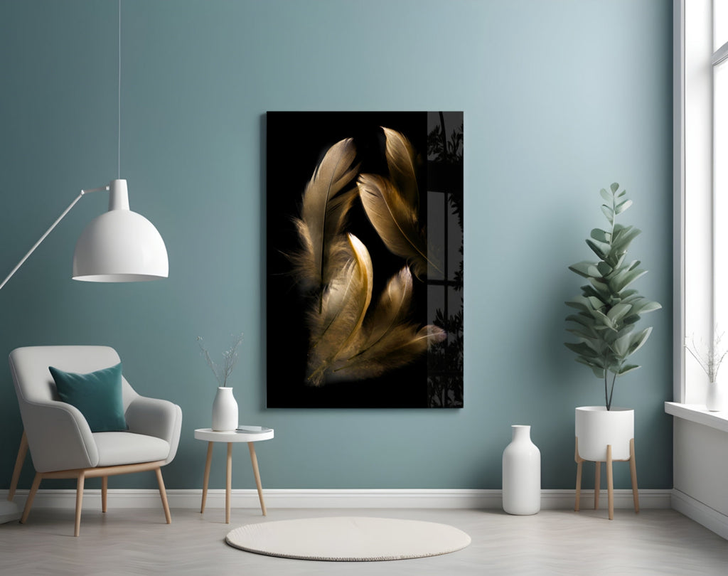 Tan Feather Glass Wall Art