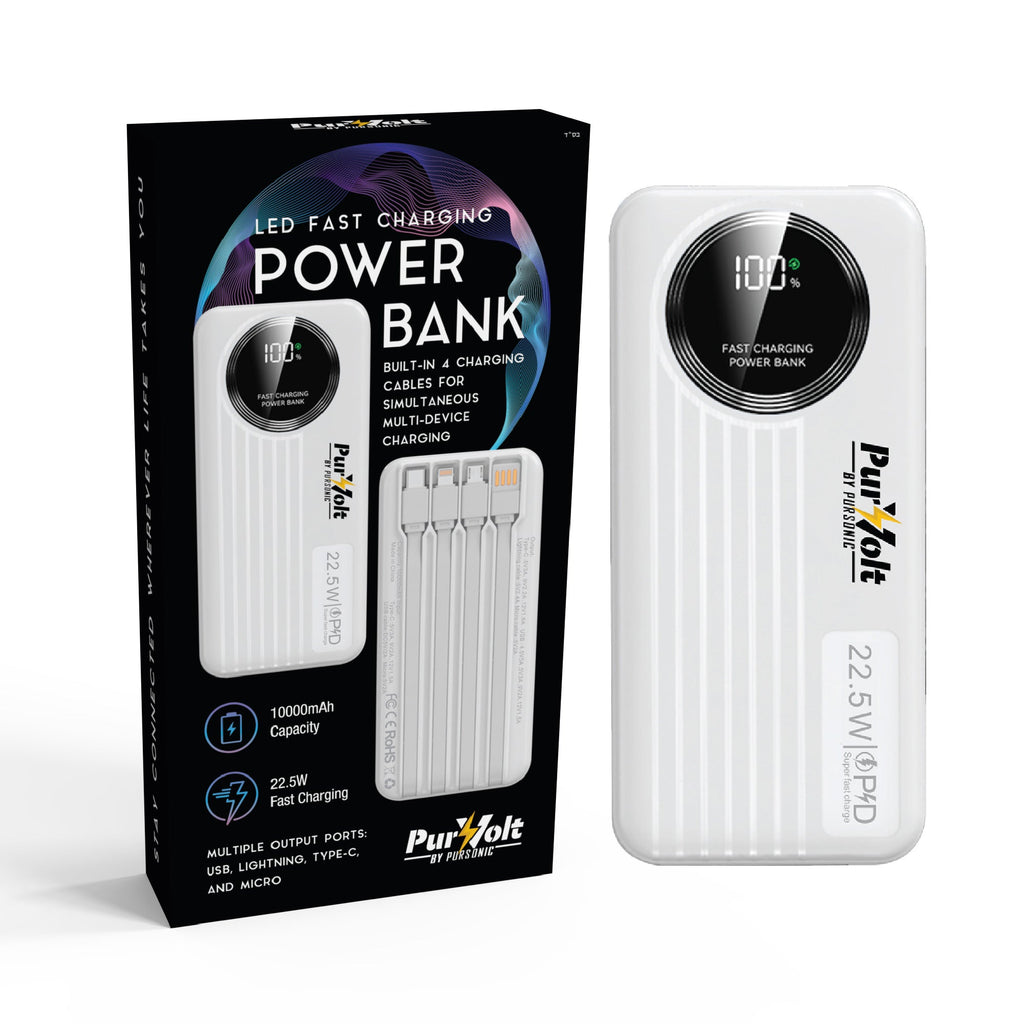 Pursonic 10,000mAh LED Fast Charging Power Bank – Built-in Cables, 22.5W Output, Type-C/USB/Lightning Compatibility