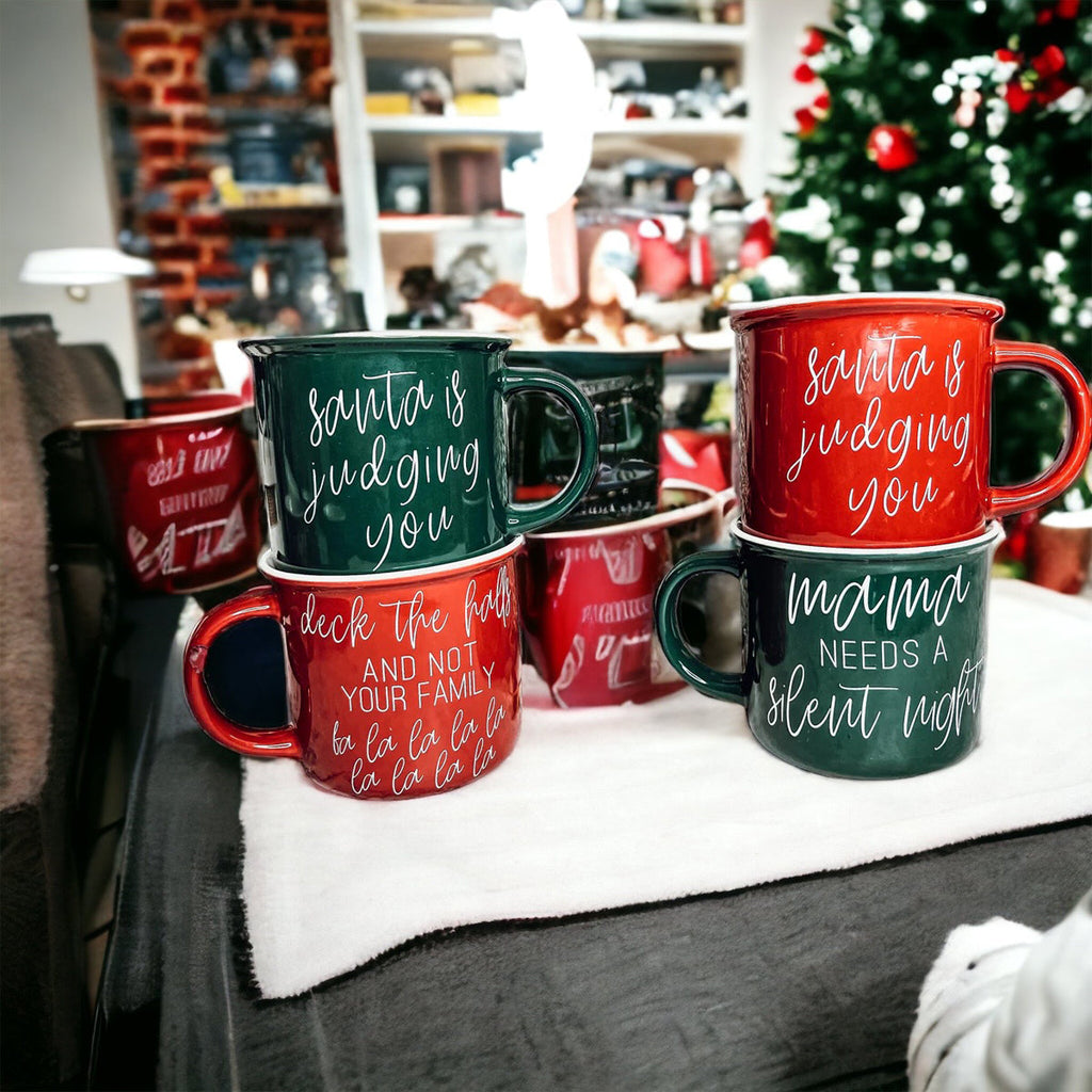 Santa Is Judging Mug 14.5oz Ceramic Campfire Style Holiday Coffee Mug Red Or Green Double Sided