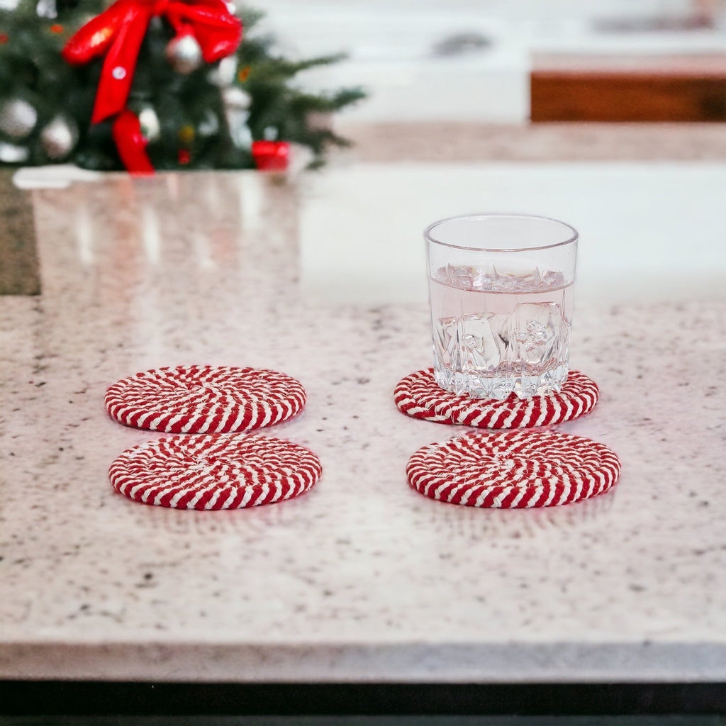 Blue Braided Holiday Coaster Set 4 Pack Candy Cane Stripe Table Protectors Absorbent Drink Mats
