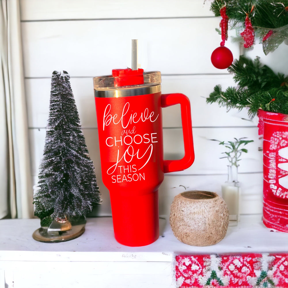 Believe Joy 40oz Insulated Tumbler With Handle Lid Straw Holiday Travel Mug