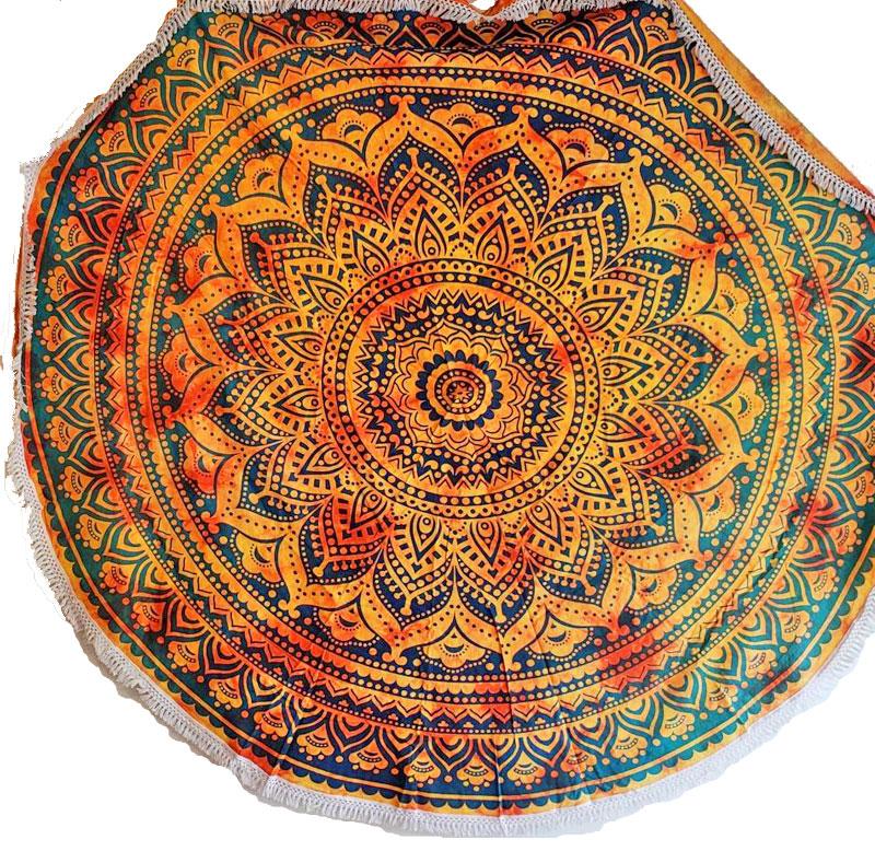 Round Henna Mandala Tapestry 70 Inch Cotton Lace Trim