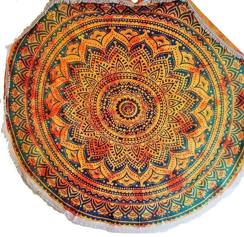 Round Henna Mandala Tapestry 70 Inch Cotton Lace Trim