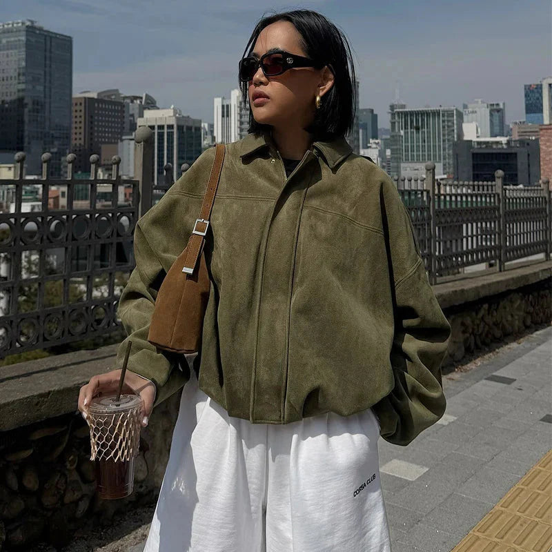 Women’s Suede Bomber Jacket – Cropped Racing Style
