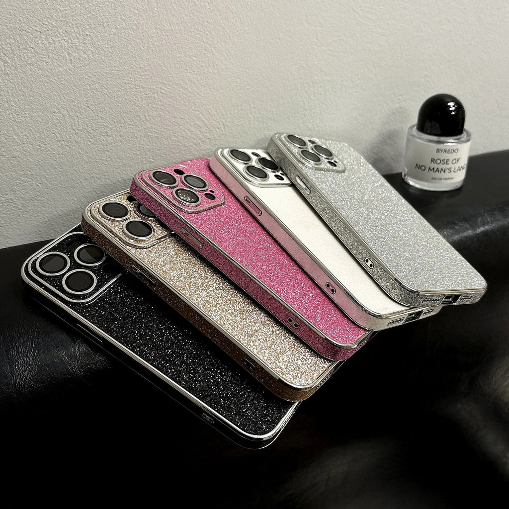 Luxury Bling Glitter Leather Case For iPhone 16 15 14 13 12 11 Pro Max Sparkling Soft Silicone Shockproof Plating Bumper Cover