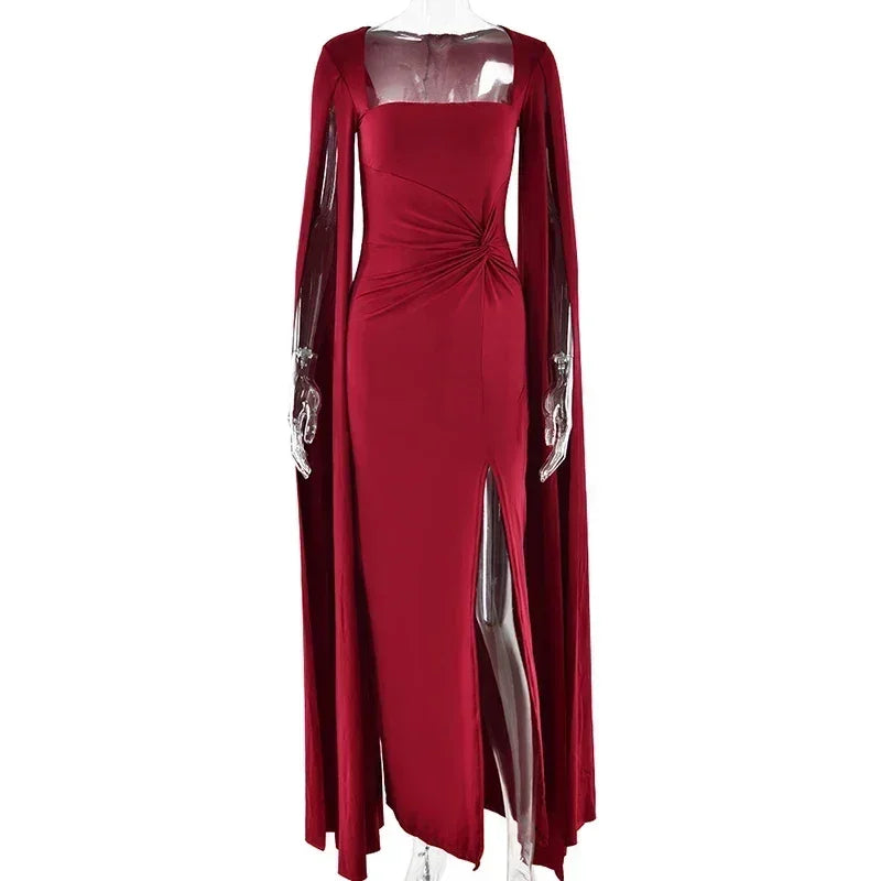 Mozision Long Cape Sleeve Split Maxi Dress For Women Gown Fashion Solid Square Collar Evening Sexy Long Dress Elegant New