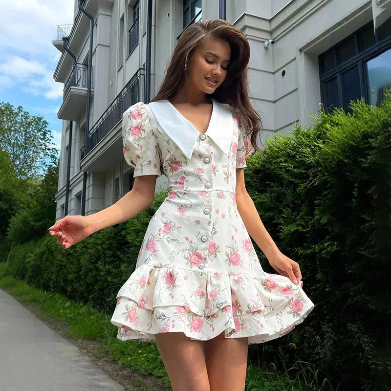 Puff Sleeve V-Neck Mini Dress | Printed Ruffled Pearl Button Dress - Femstylo