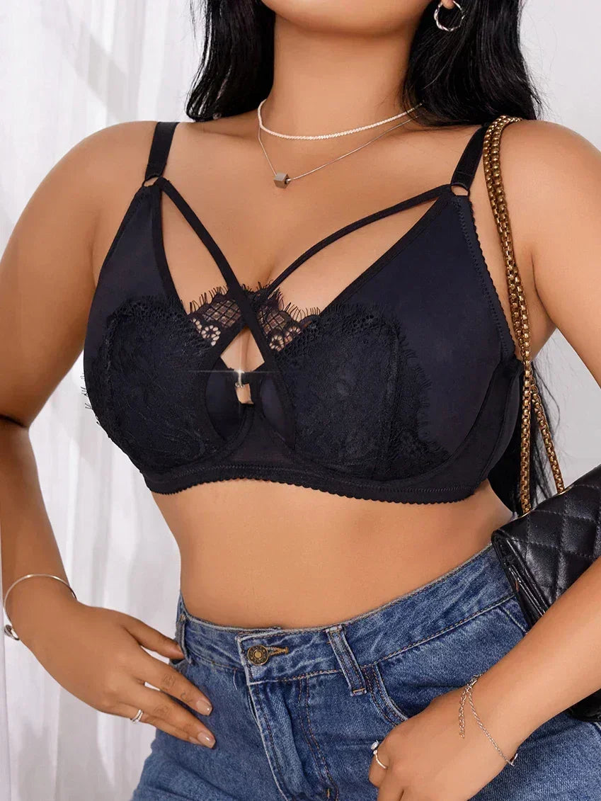 Women's Plus Size Lingerie Half Cup Gathered Push Up Front Button Lace Cross Design Suitable For Voluptuous Women XL-XXXL MR2895
