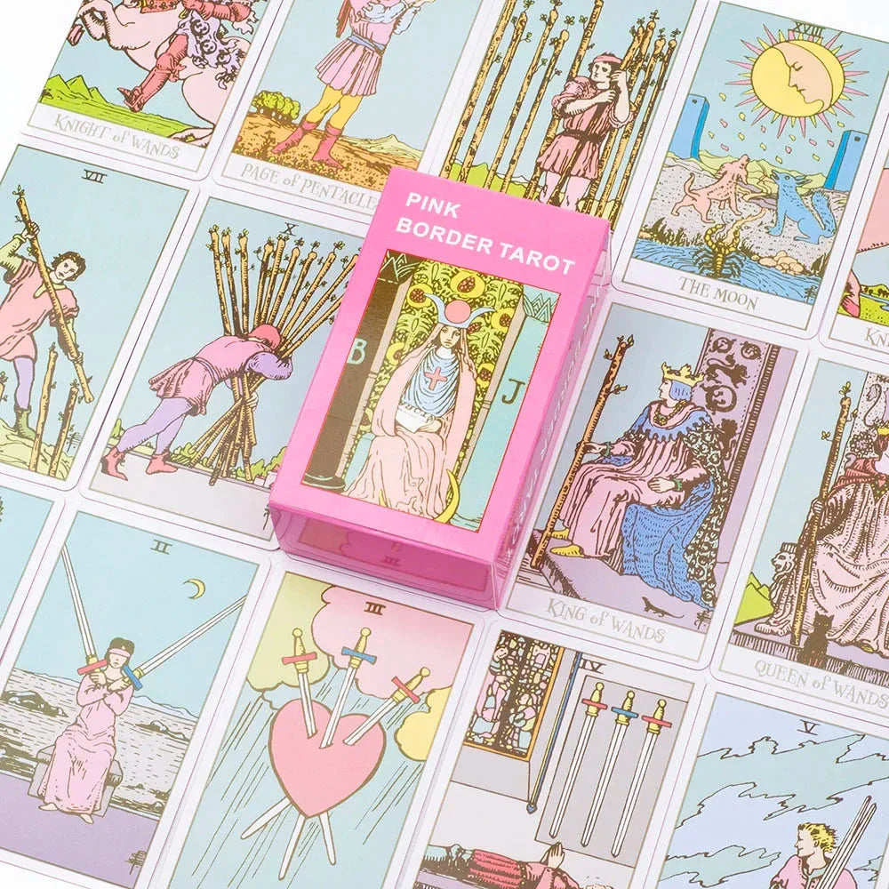 Pink Border Tarot Card Deck – 78pcs English Divination Guidebook