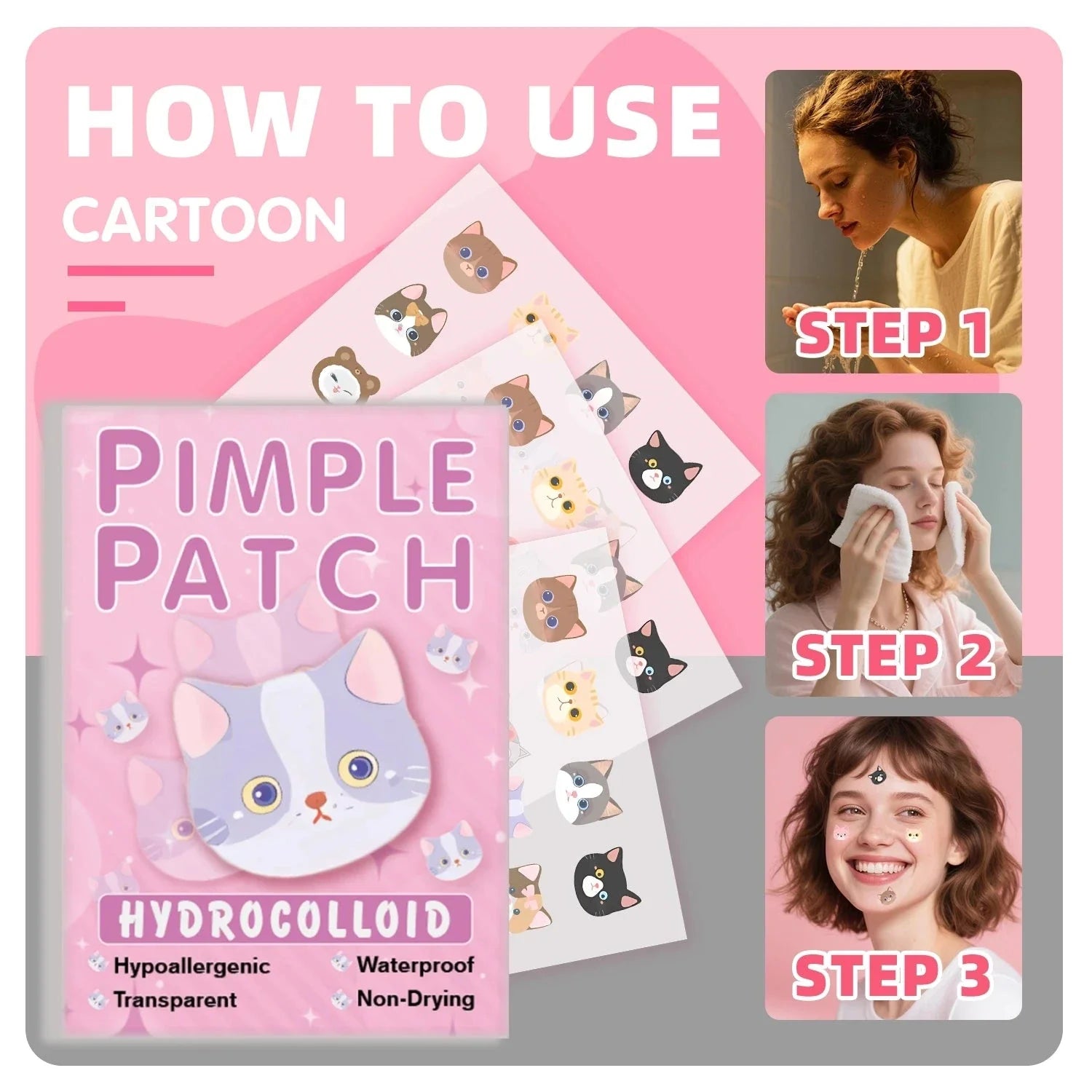 600pcs Cartoon Cat Acne Patches – Ultra-Thin Breathable Pimple Stickers