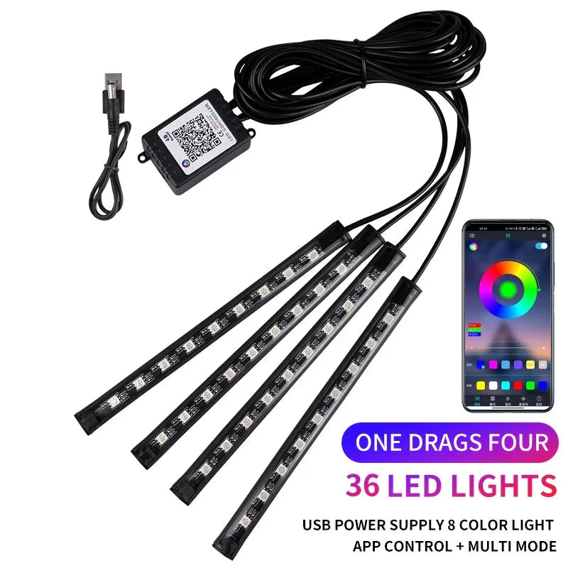 Neon LED Car Interior Ambient Light Kit – RGB Foot Strip Lighting with APP & Remote Control, Music Sync Car Decor Lamp