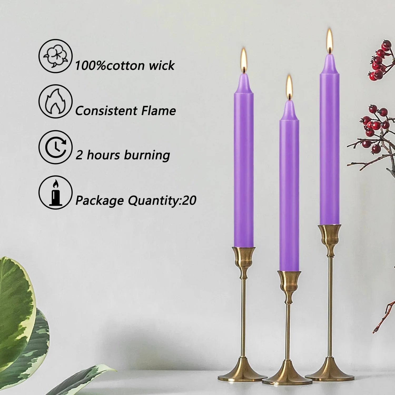 20 Pieces of Purple 4Inch Waxs, Drip-Free, Smoke-Free, Fragrance-Free, Home Dinner Candles, Hand-Pulled, High-Quality, Suitable for Church, Family, Wedding, Party, Seasonal Celebrations, Emergency Situations and Home Decorati