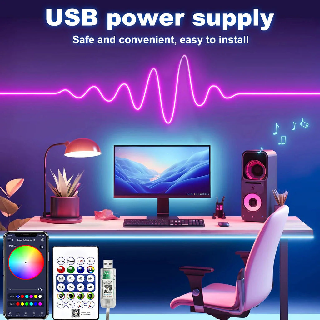 5V RGBIC Neon Strip Lights – Bluetooth USB LED Ribbon