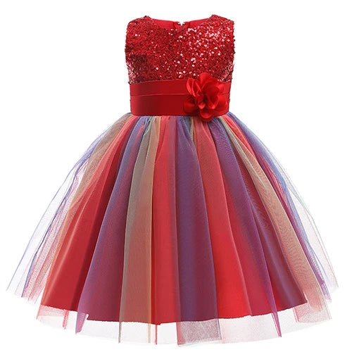 Sequins Girls Dress Summer Flower Fashion Rainbow Mesh Little Princess Dresses