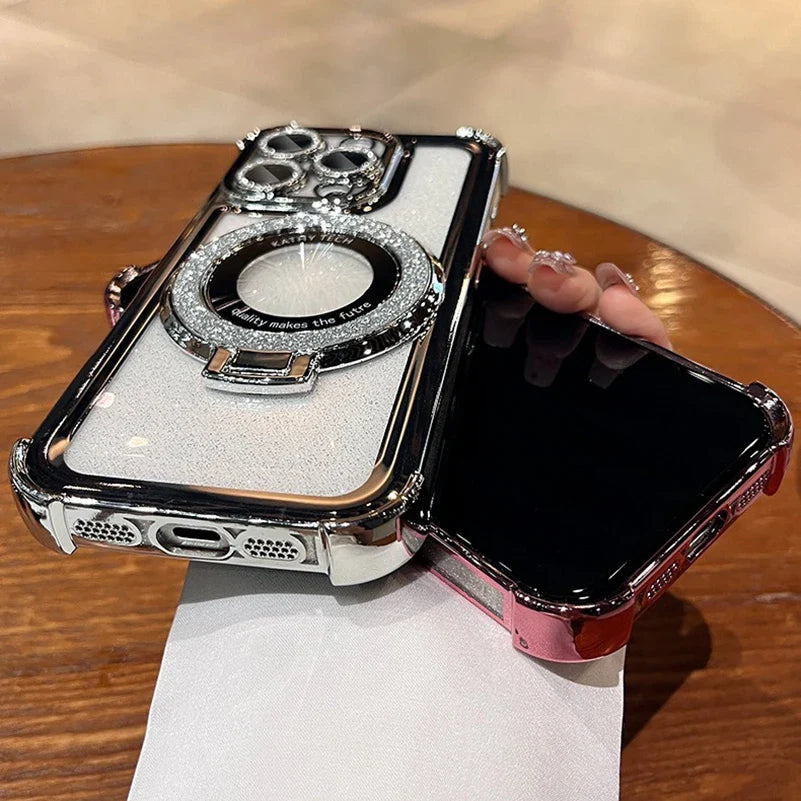 Double Bling Glitter Magsafe Bracket Case for iPhone 16 Pro Max Plus Transparent Plating Cover for iPhone 13 12 11 14 15 Pro Max