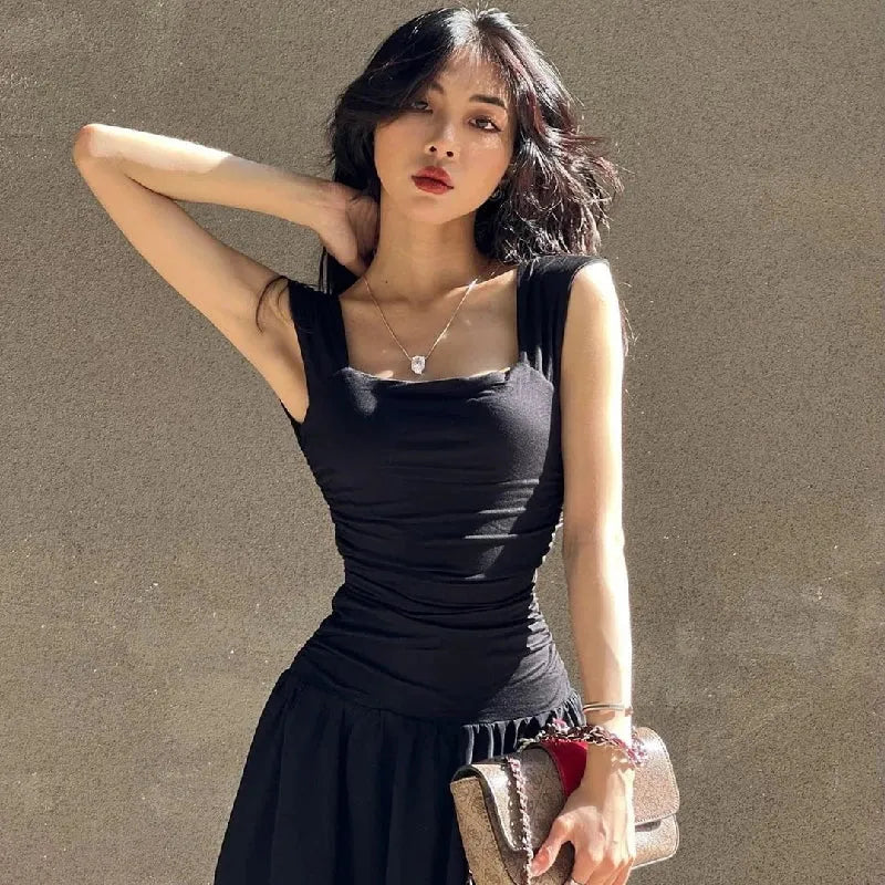 Ruched Bodycon Maxi Dress | Square Neck Slip Dress -femstylo
