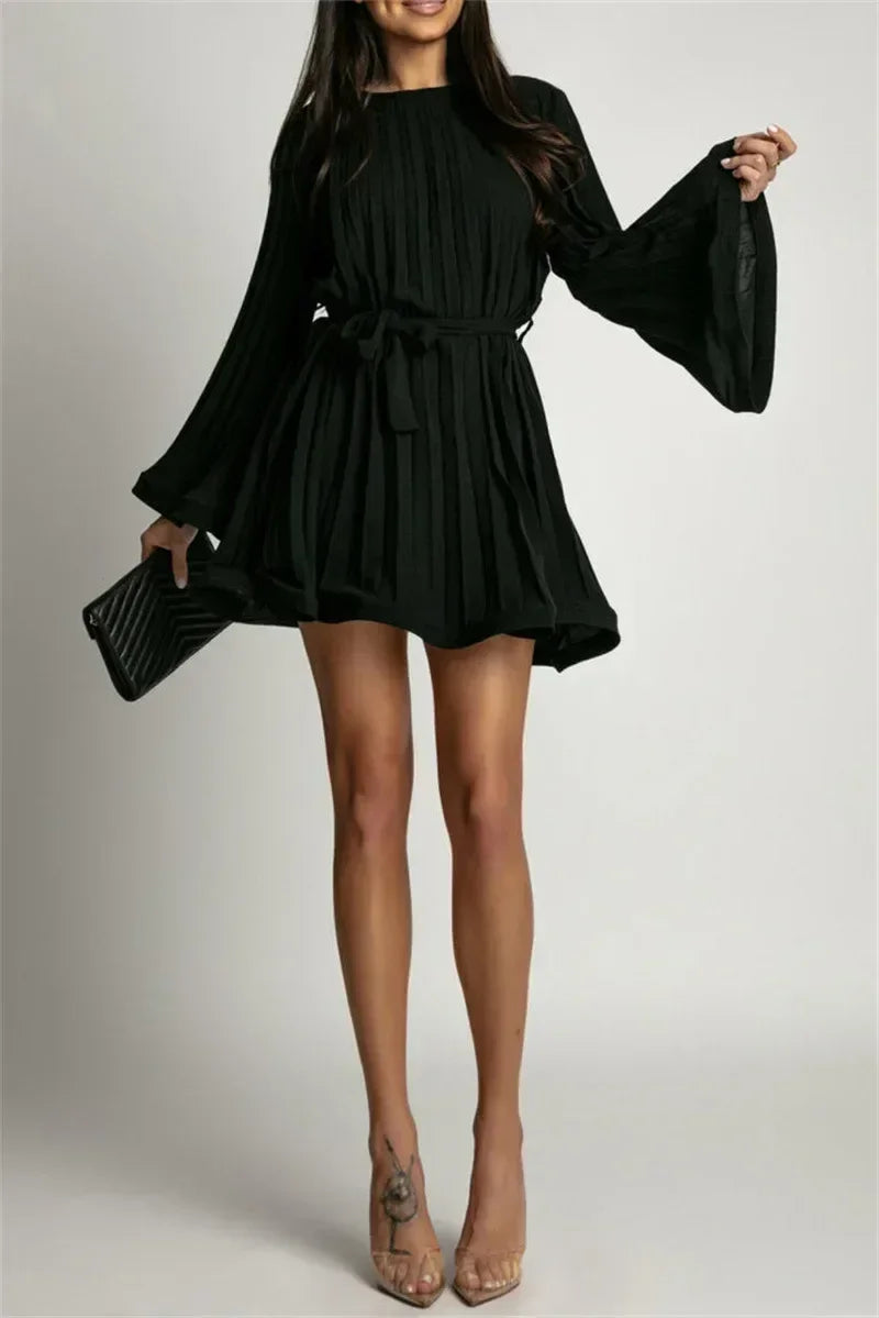 2025 Elegant Pleated Mini Dress - Flared Sleeve Lace-Up Summer Dress | Femstylo