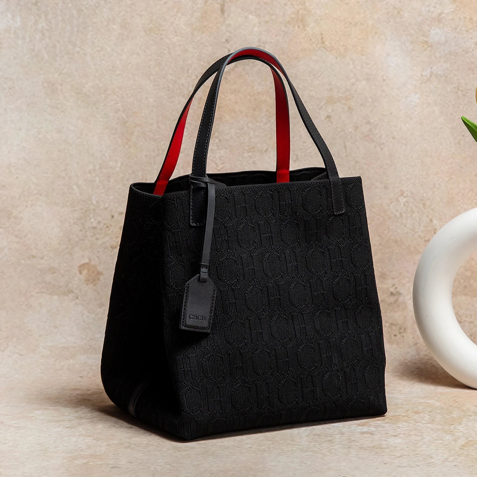 CHCH Tote Bag New Large Capacity Black Simple Knitted Shopping Bag 27*20*28cm
