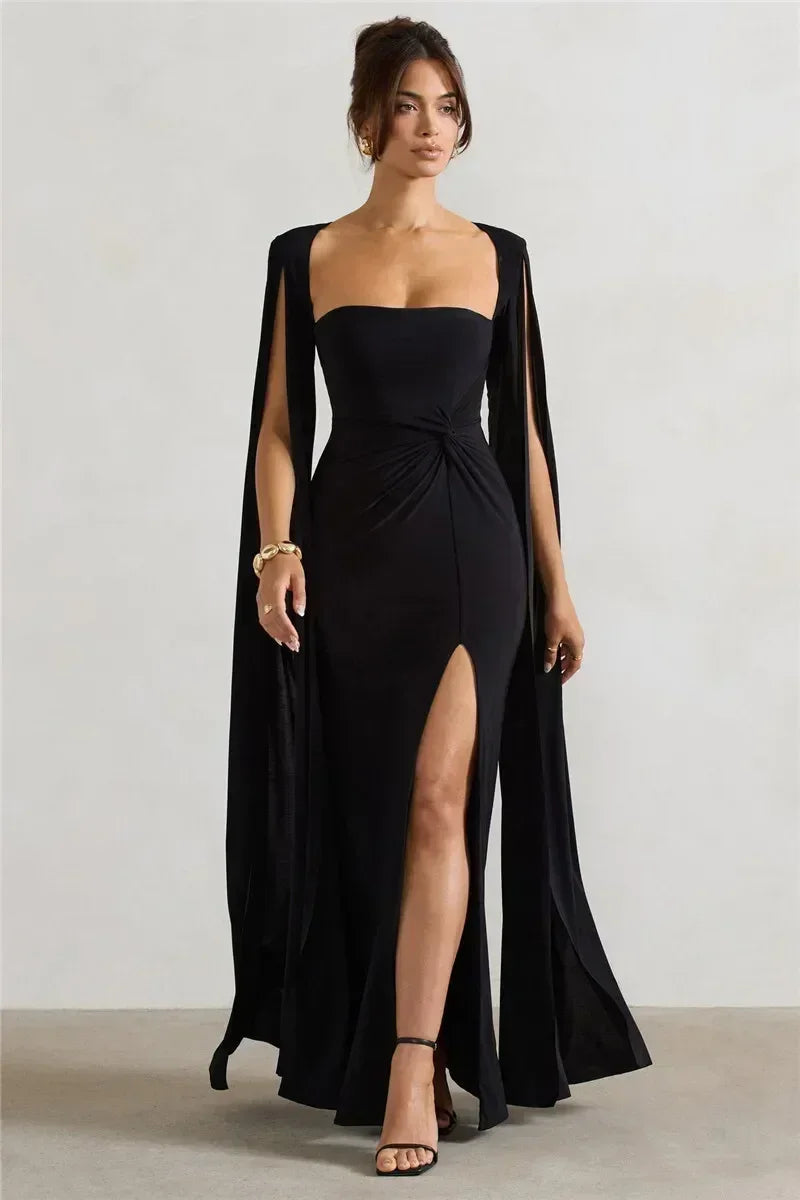 Mozision Long Cape Sleeve Split Maxi Dress For Women Gown Fashion Solid Square Collar Evening Sexy Long Dress Elegant New