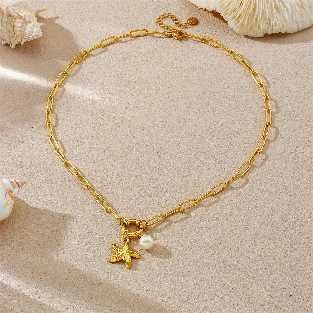 DIEYURO 316L Stainless Steel Golden Ocean Style Starfish Pearl Pendant Necklace Lady New Summer Beach Neck Chain Jewelry Gift