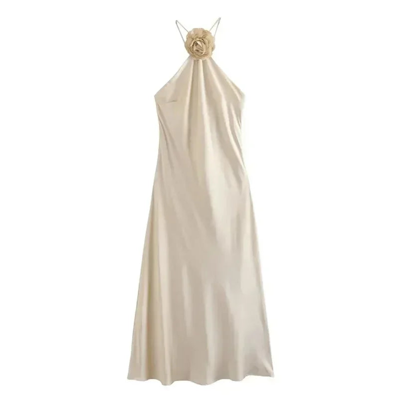MUJER Flower Halter Dress Woman Off Shoulder Satin Long Dress Women Backless Sexy Evening Dresses Summer Party Dresses For Women