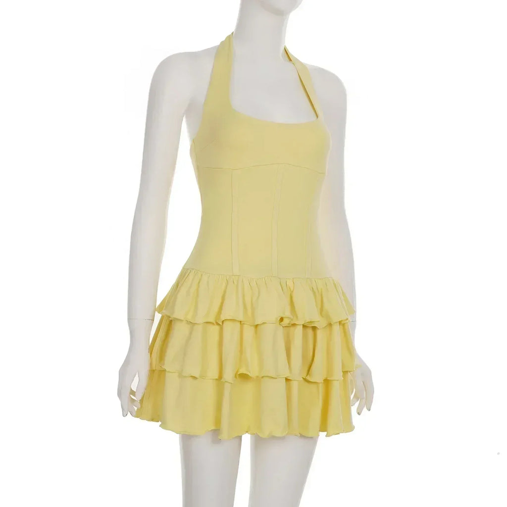 Tornova Vacation Halter Mini Dress For Women Solid High Waist Puffy Dress Ruffled Splice Fashion Sexy Slim Dress 2025 Summer New